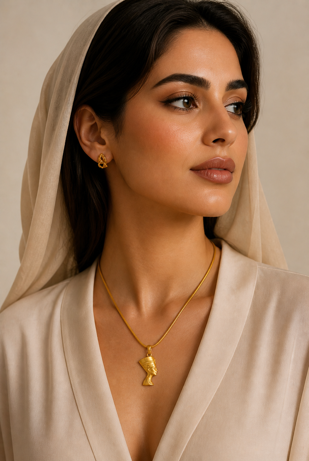 Woman wearing a gold necklace with a pendant against a neutral background